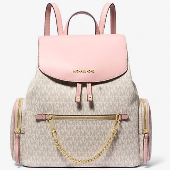 Michael Kors Large Backpack Bag Pink White Gold Logo Chain Accent - Picture 1 of 3